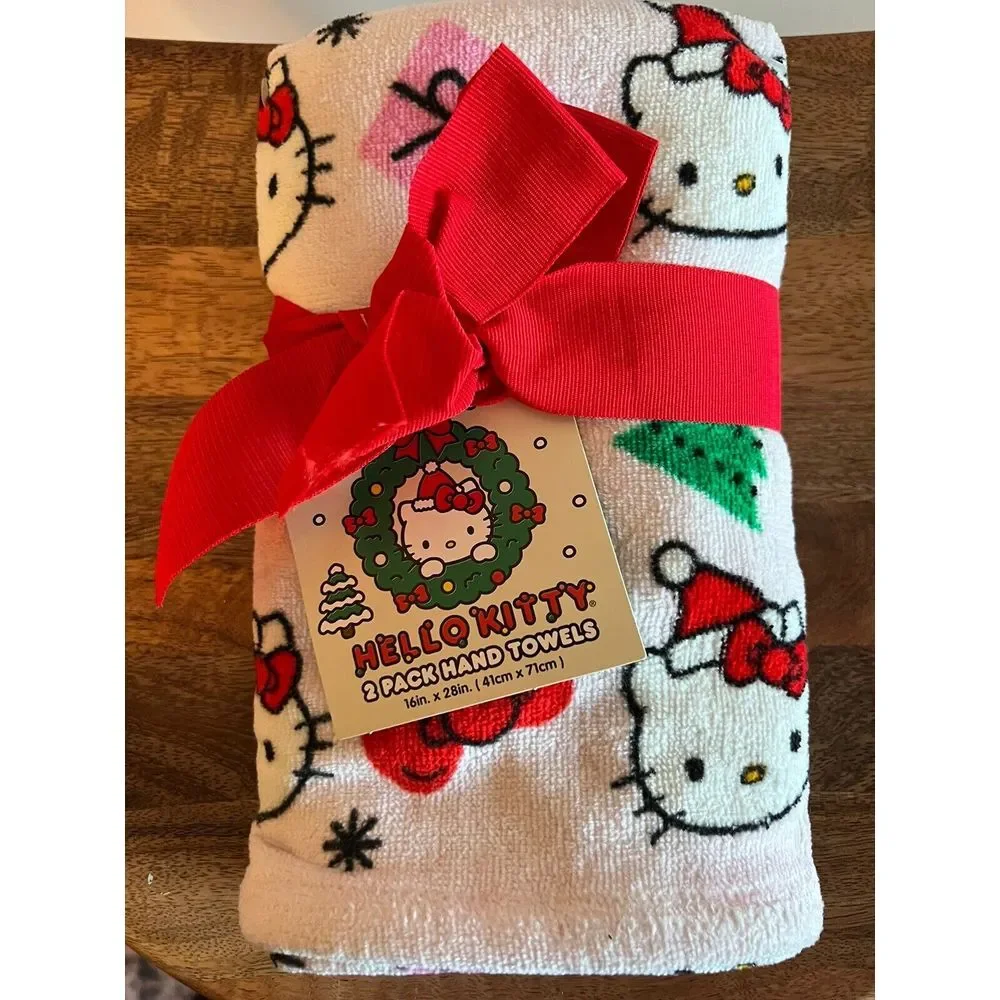 Hello Kitty Christmas Holiday Hand Towels 2-Pack White Red Festive Design 16x28